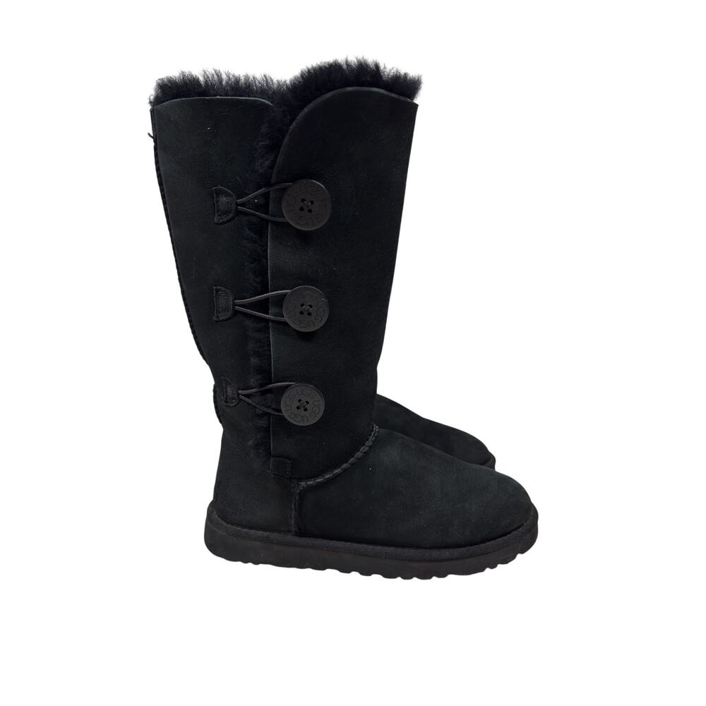 UGG Bailey Button Triplet Boots Womens 7 Black Suede Sherpa Lined Tall Shaft